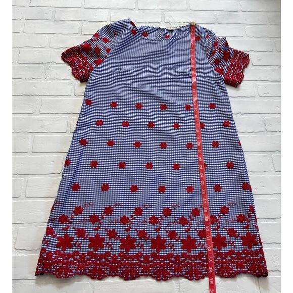 entro Blue Checkered Red Embroidered Flowers Knee Length Shift Dress-sz S/M - Picture 3 of 5